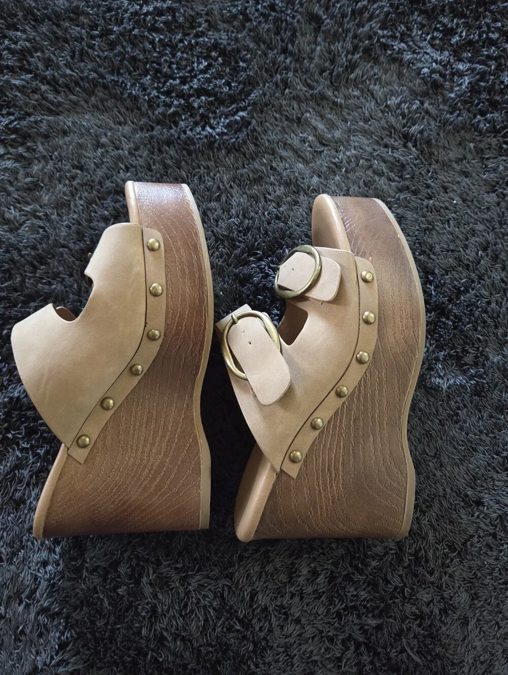 Seychelles Tan Double Buckle Stud Platform Wedge Sandals Size 8 Boho Western